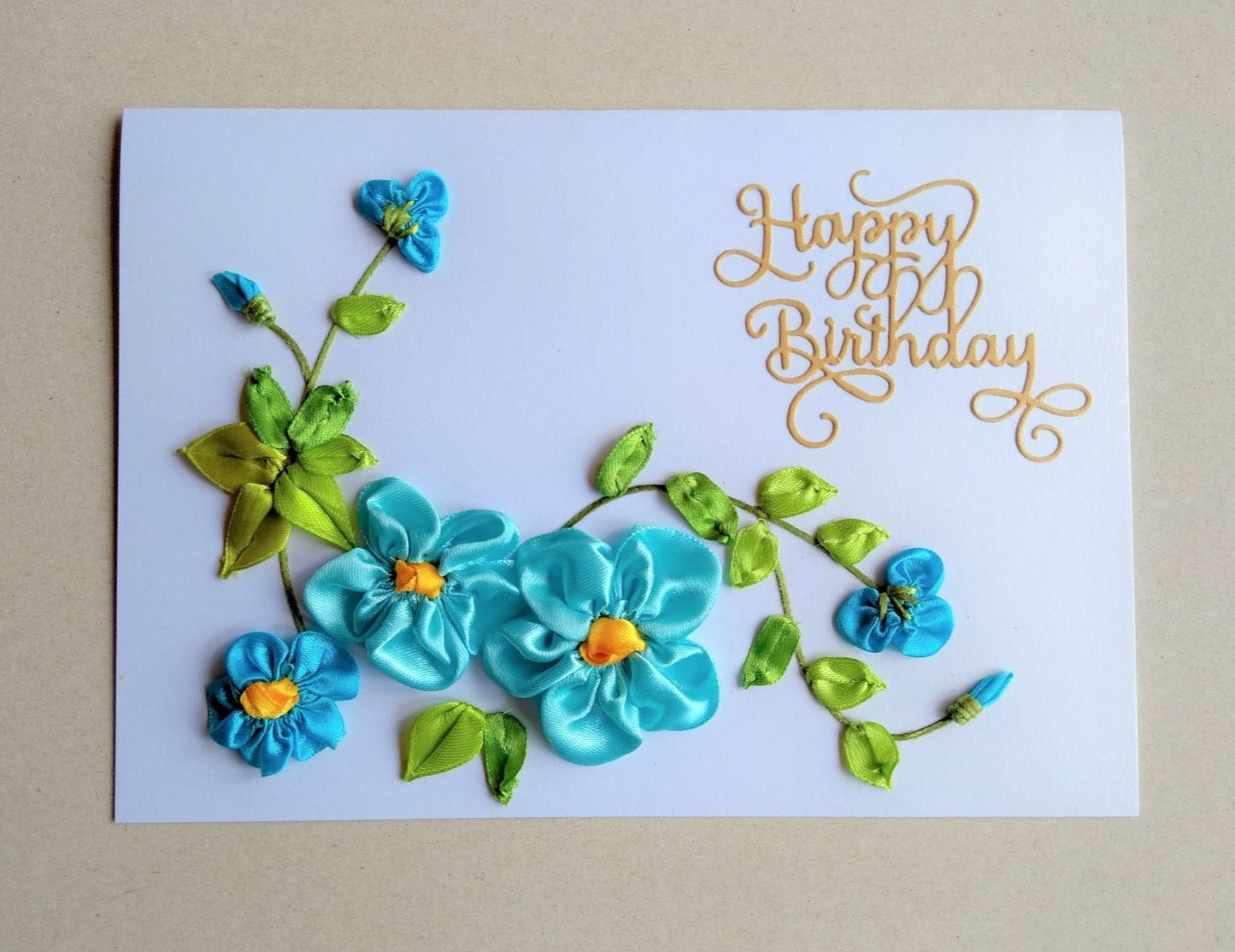 handmade blue flower ribbon work birthday card
