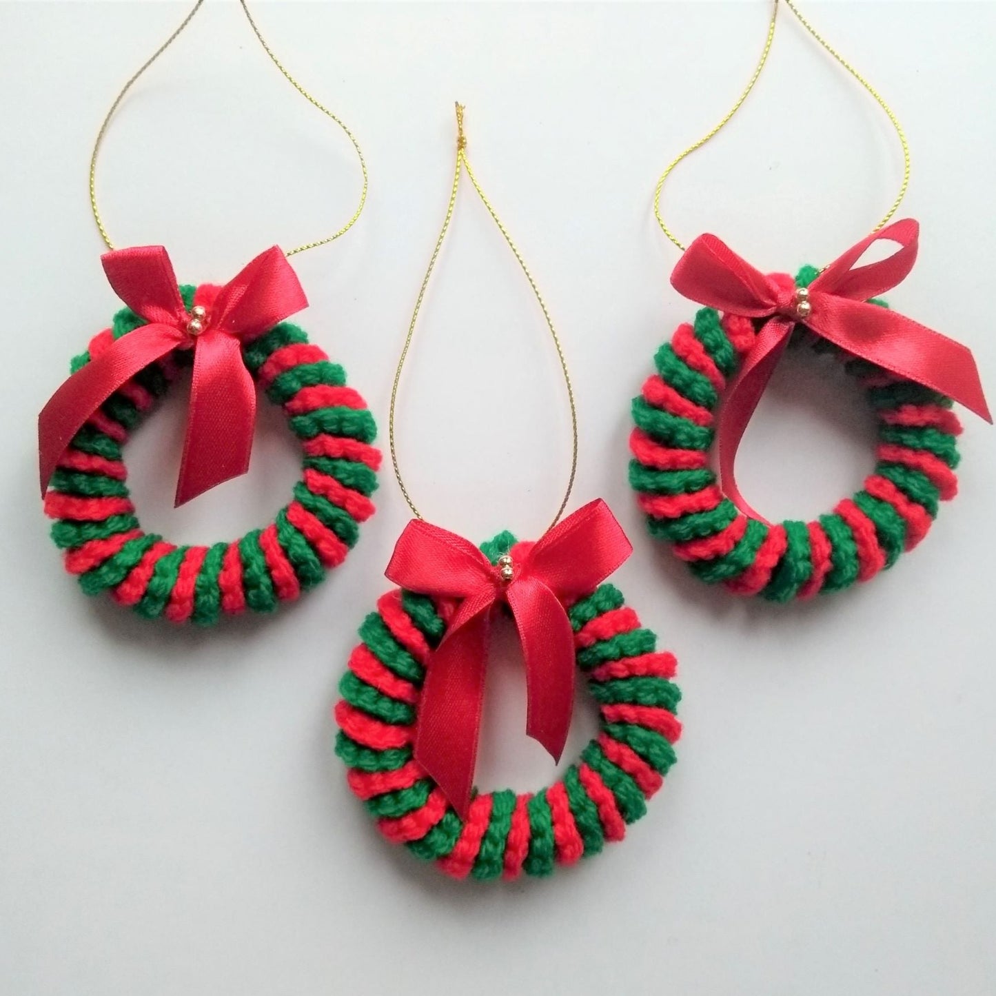 crochet candy cane wreath Christmas tree ornaments, set of 3 crochet ornaments