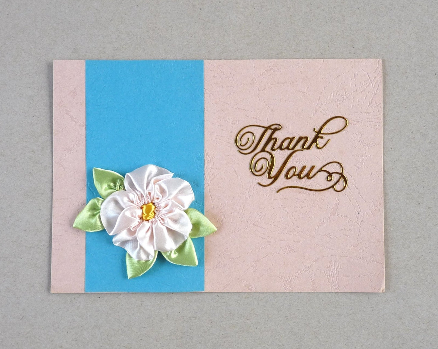 Handmade thank you card, pink and blue ribbon flower card
