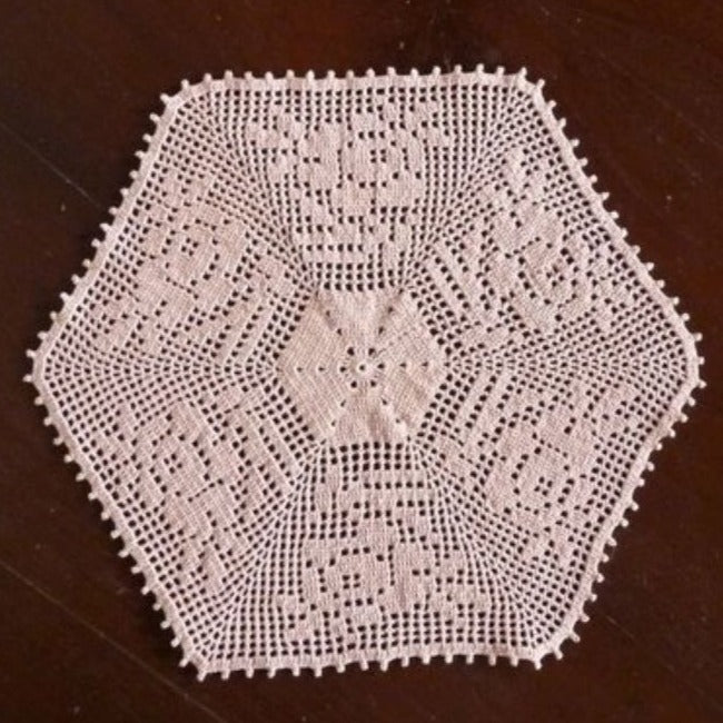 handmade light peach rose patterned fillet crochet hexagon small doily