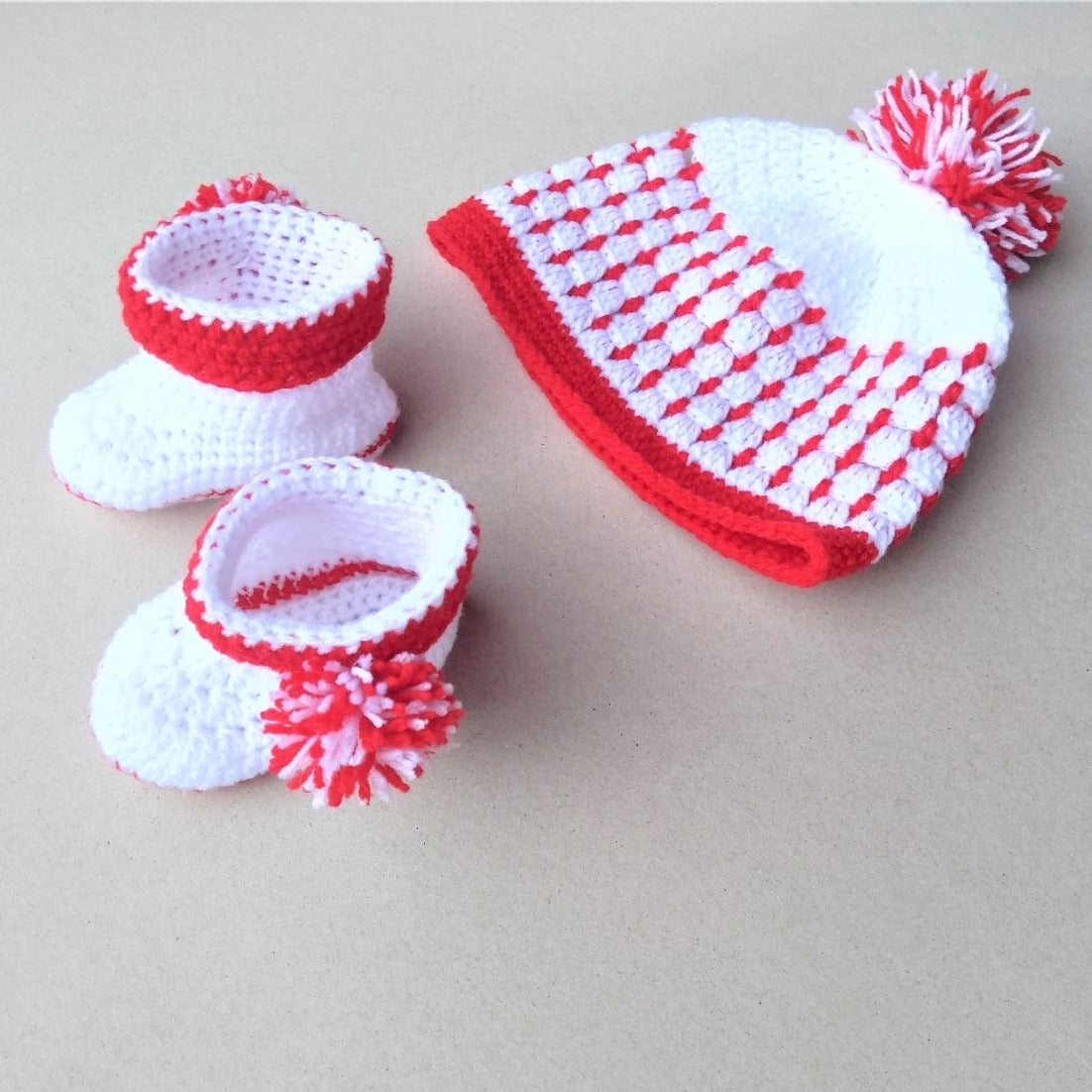 crochet baby hat and booties set, red and white