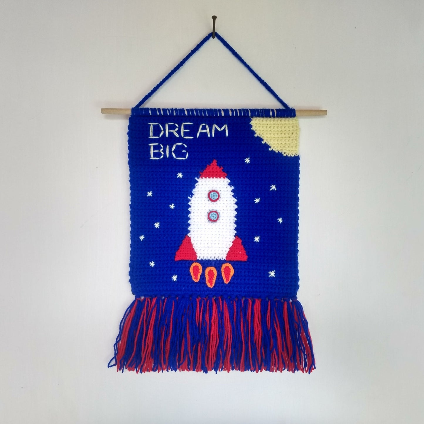 dream big, blue crochet wall hanging for nursery, suitable for a little boy's room