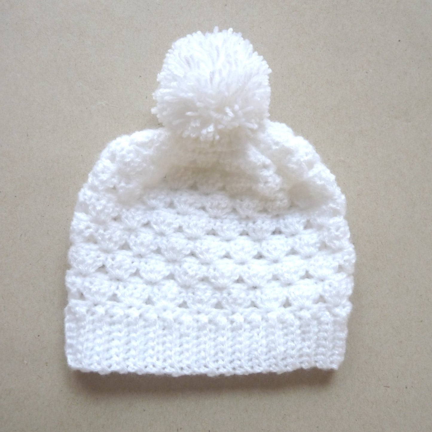 white crochet baby hat for 0-6 month babies