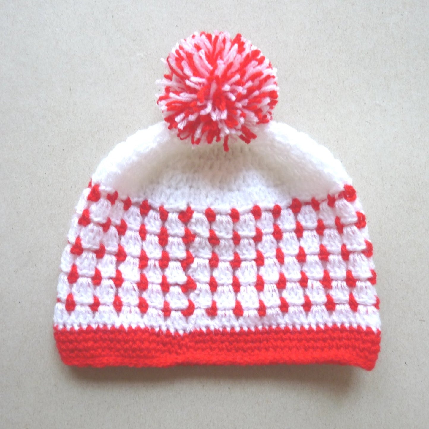 crochet baby hat, red and white
