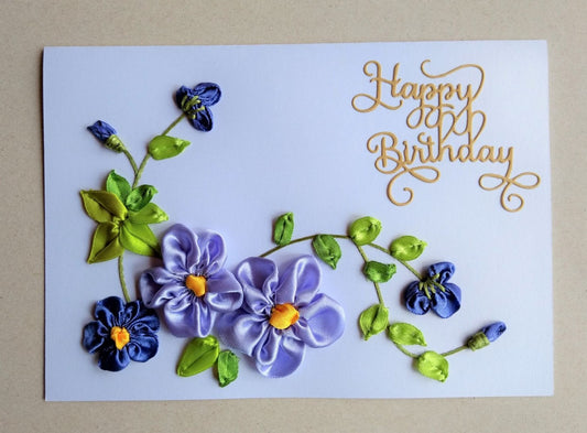 handmade purple flower ribbon work birthday card