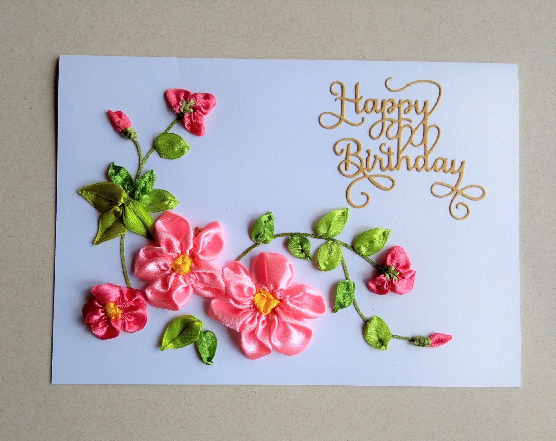 handmade pink flower ribbon work birthday card