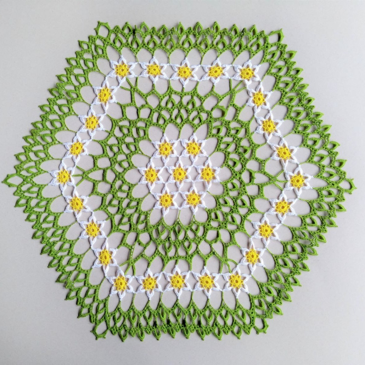 handmade large floral hexagon crochet lace doily, centrepiece