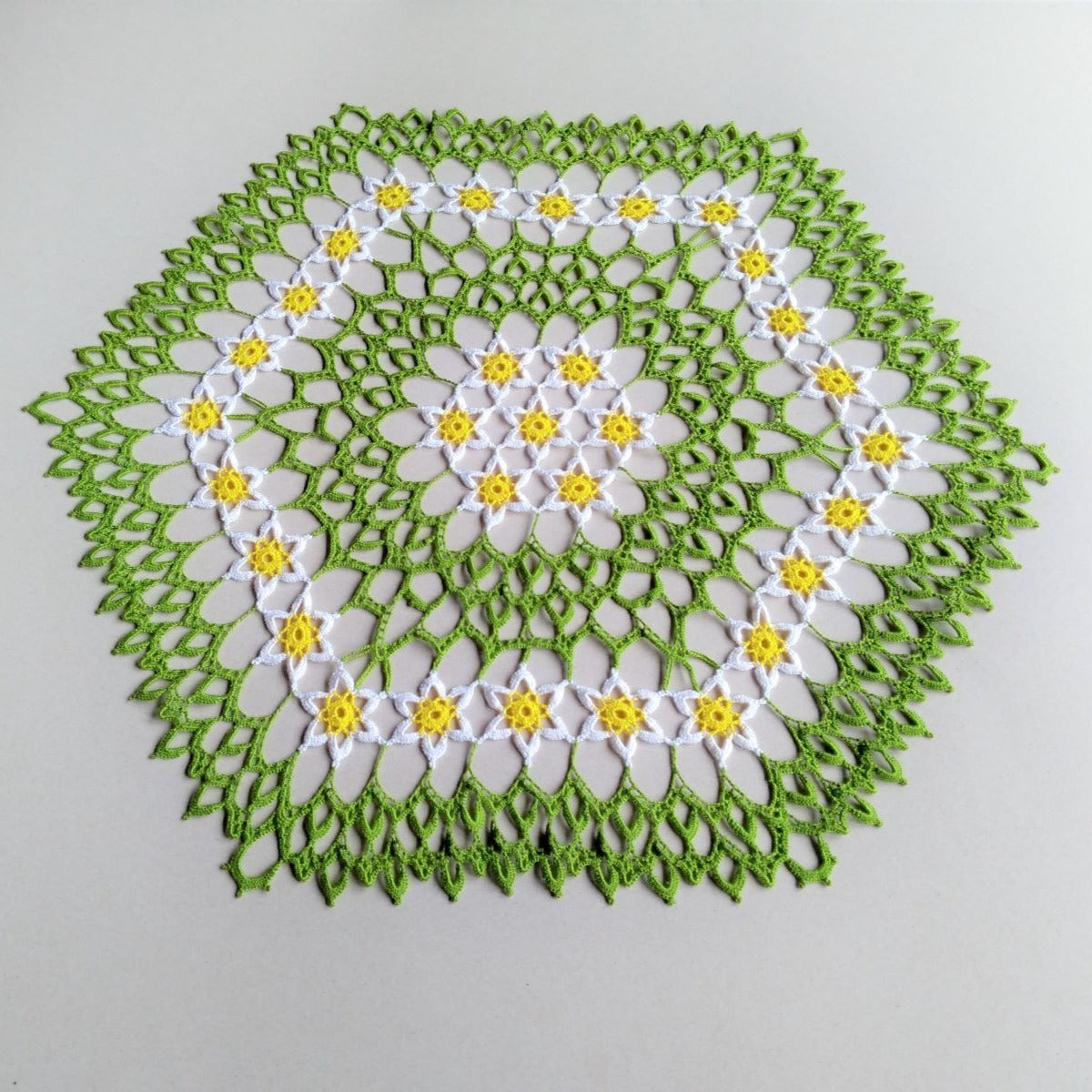 handmade large hexagon floral summer home décor, crochet doily,