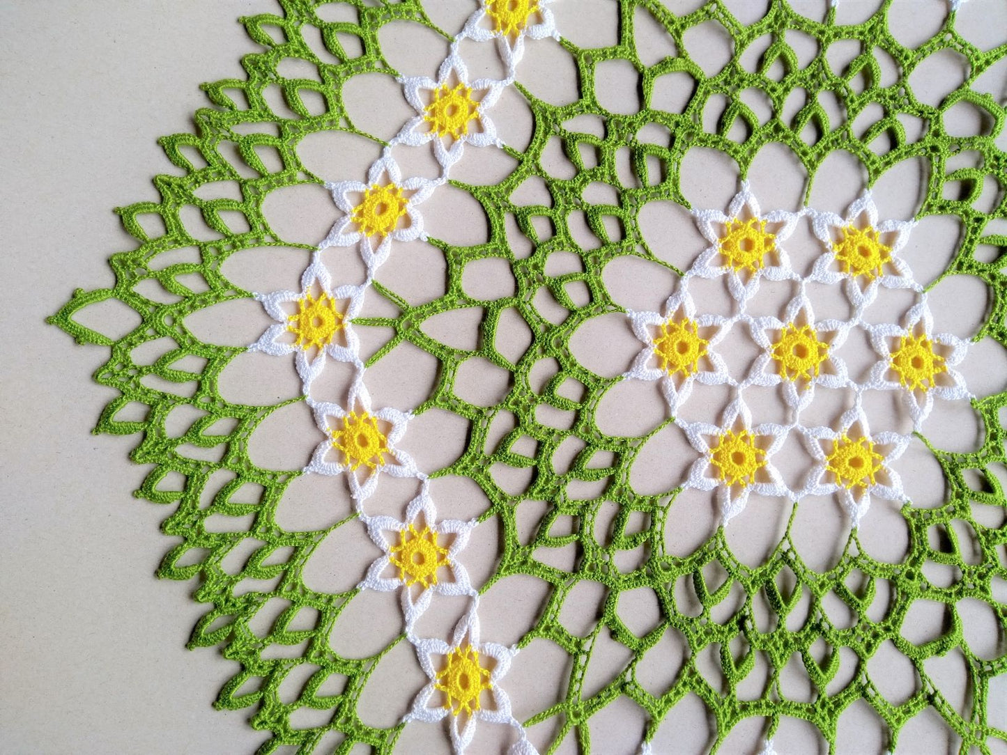 large hexagon floral handmade crochet lace doily, centrepiece