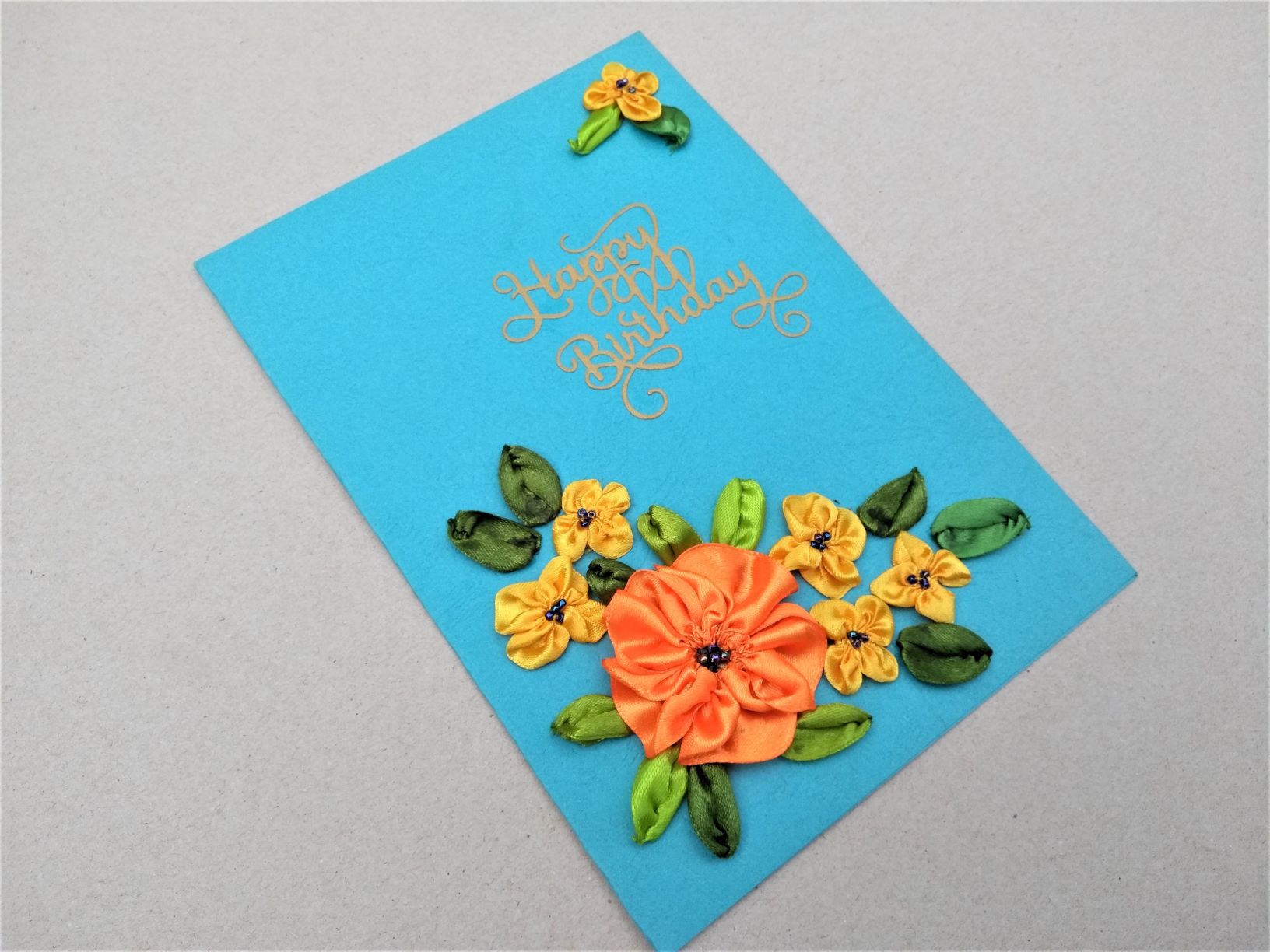 handmade floral birthday card, orange and blue