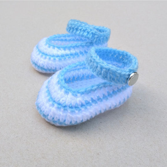 handmade crochet baby shoes in blue and white