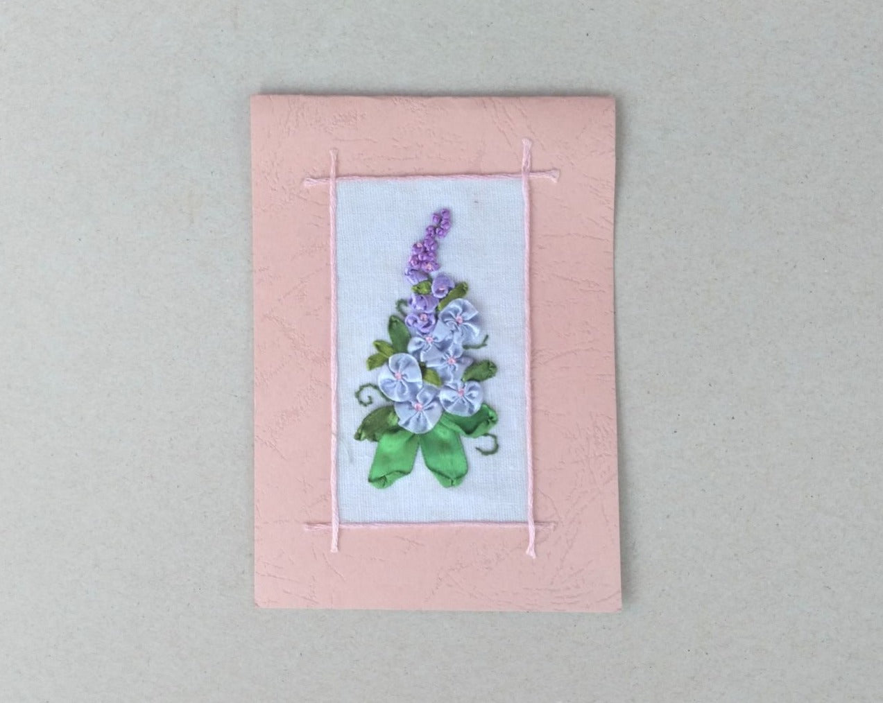 handmade ribbon embroidered floral small blank greeting card, pink and purple 