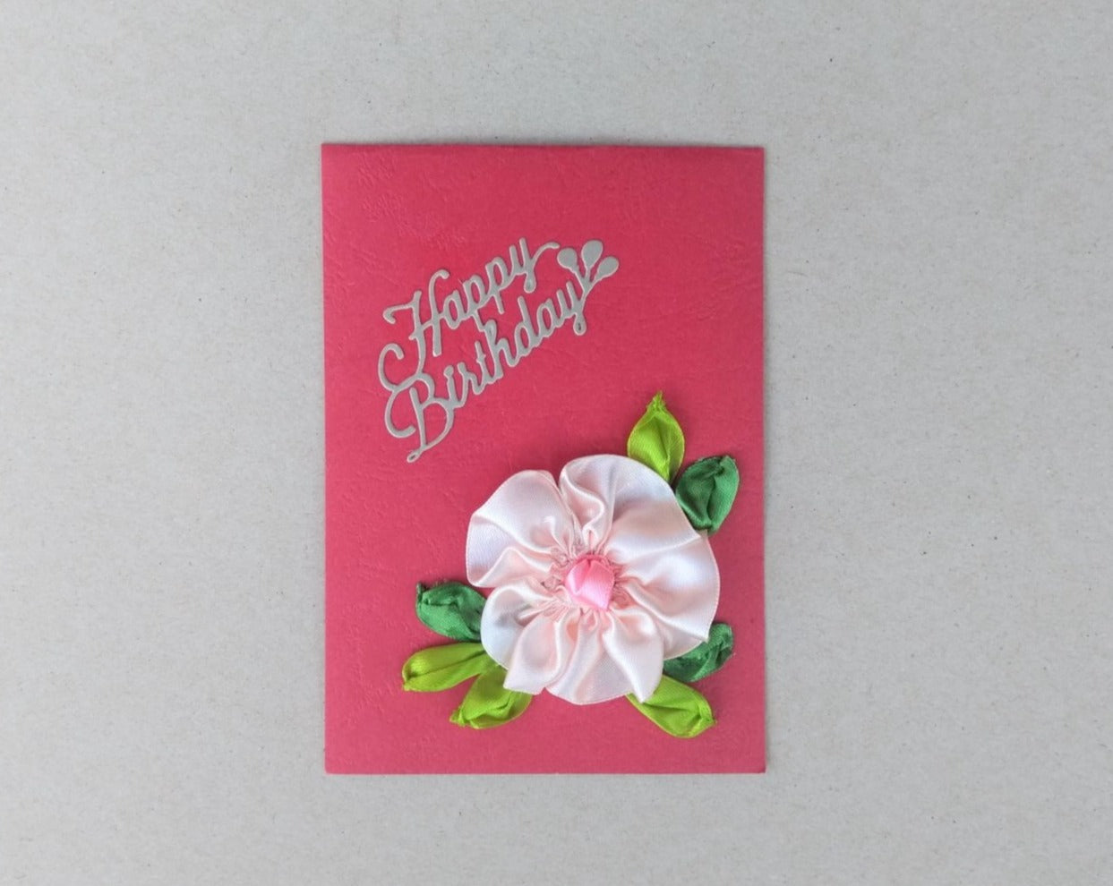 handmade ribbon work small floral birthday card, red and pink