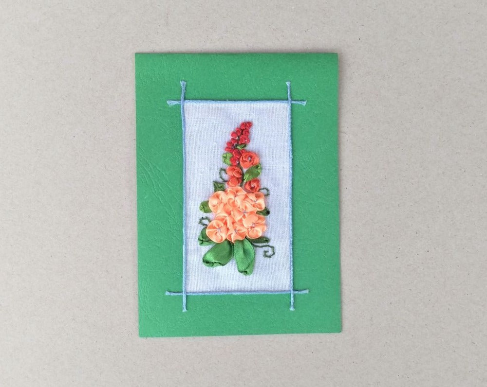 handmade ribbon embroidered floral blank small greeting card, green and orange