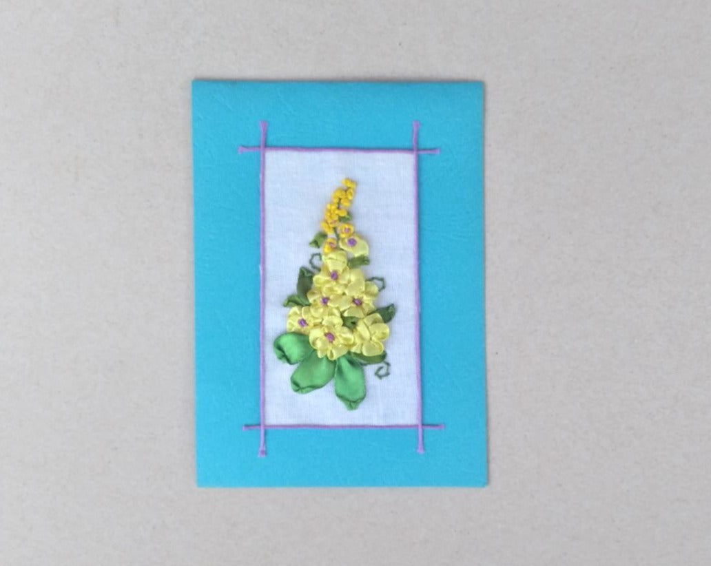 handmade ribbon embroidered small blank floral greeting card, blue and yellow