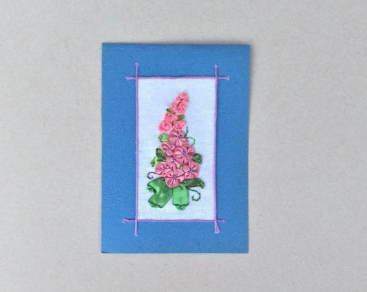 handmade ribbon embroidered floral small blank greeting card, blue and pink