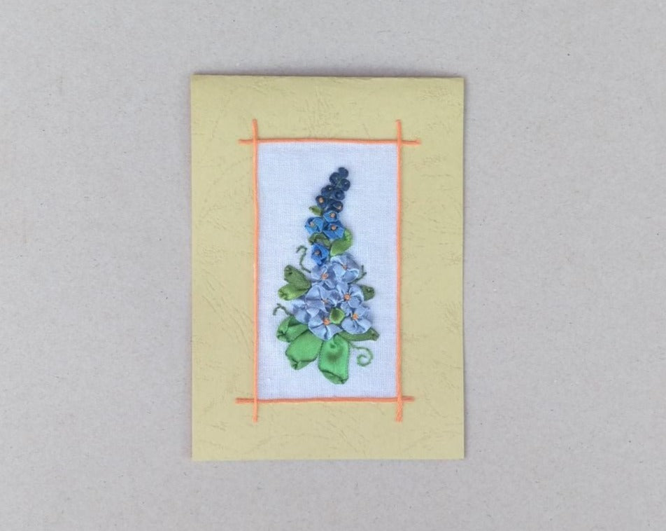 handmade ribbon embroidered blank floral greeting card, yellow and blue