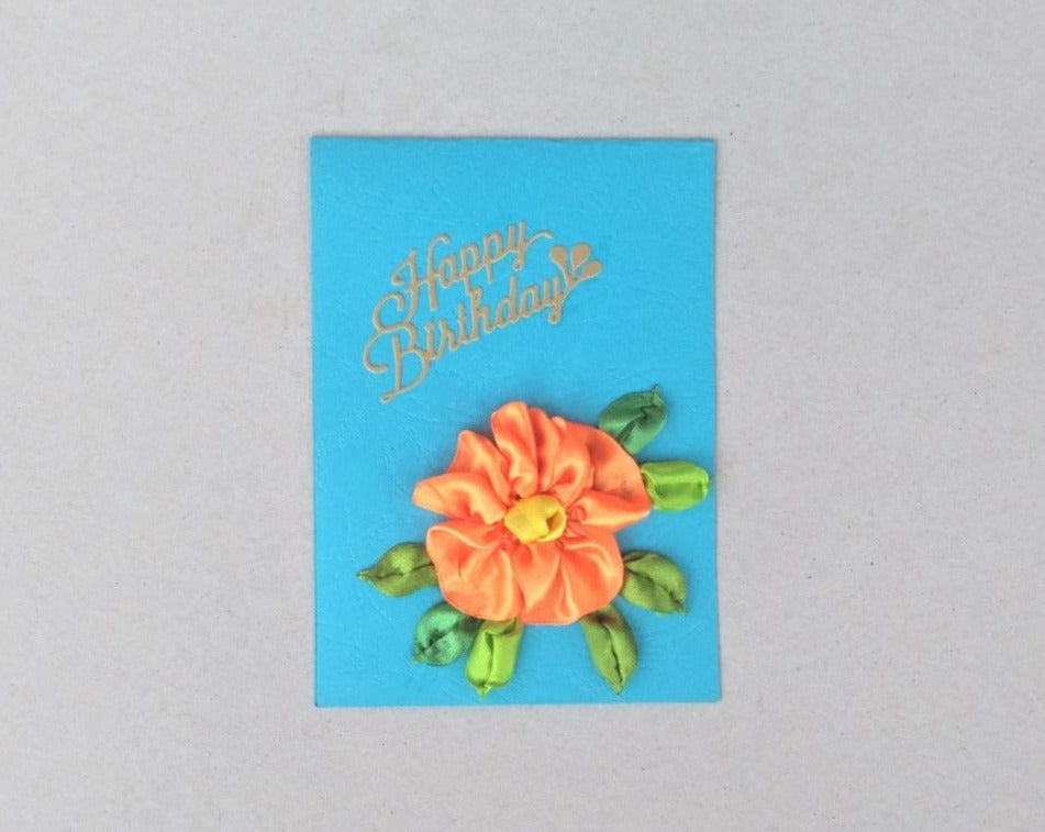 handmade ribbon work floral small birthday card