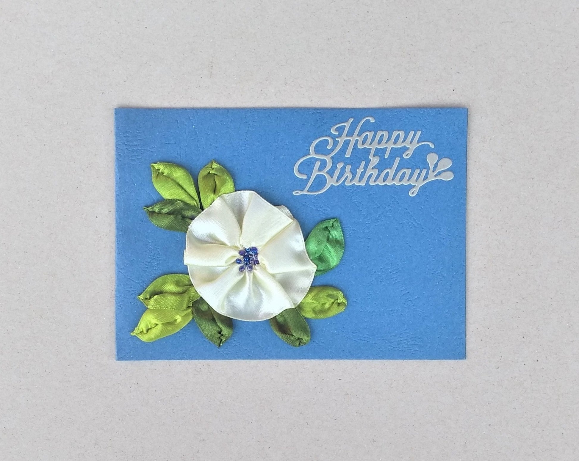 handmade ribbon work floral small birthday card, blue and cream