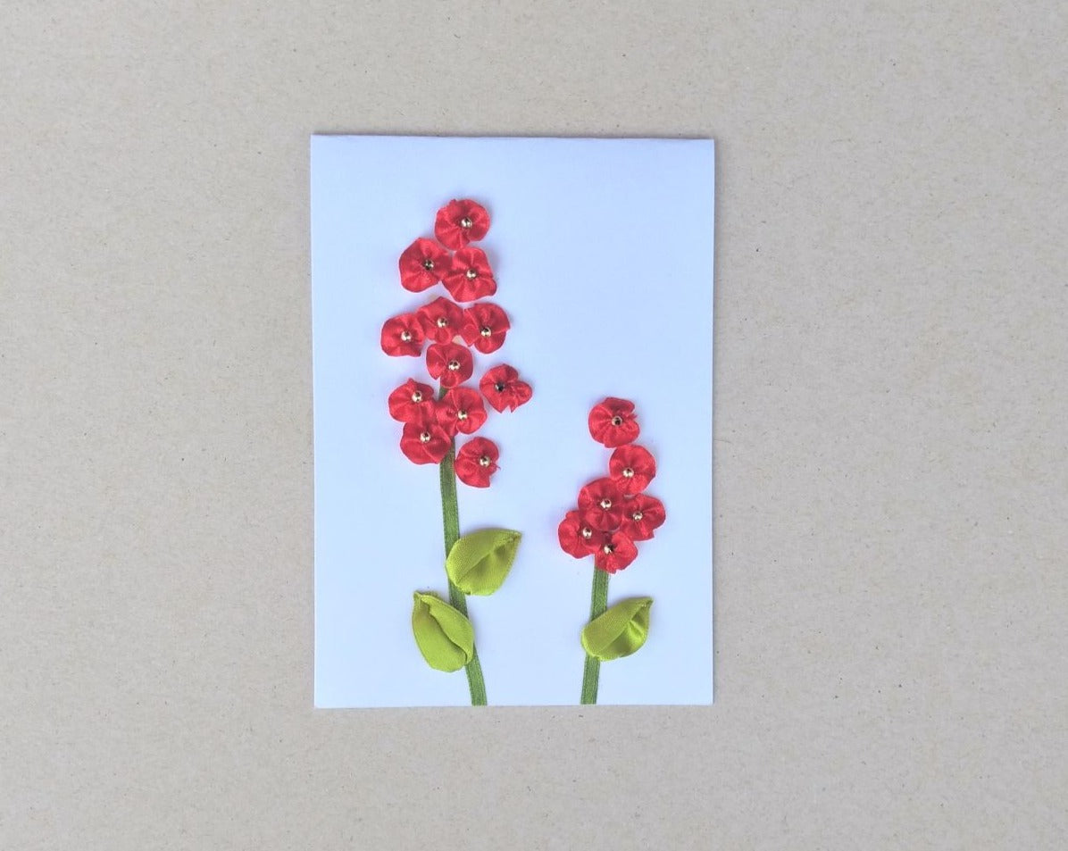 Handmade red ribbon flower small blank greeting card