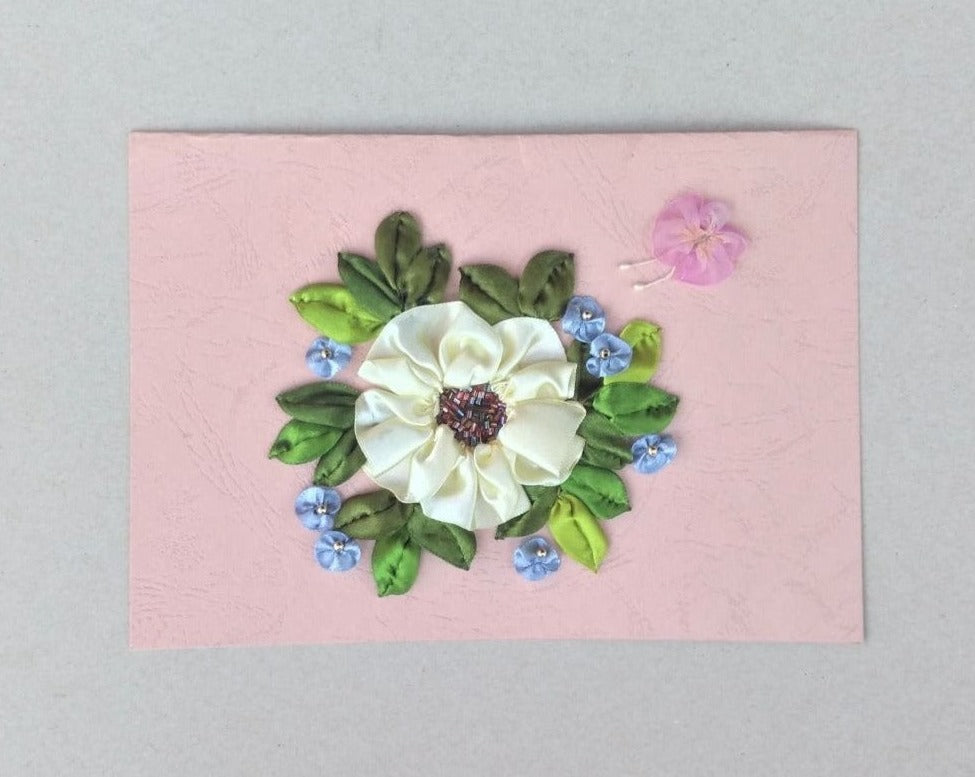 handmade blank floral greeting card, ribbon work flowers