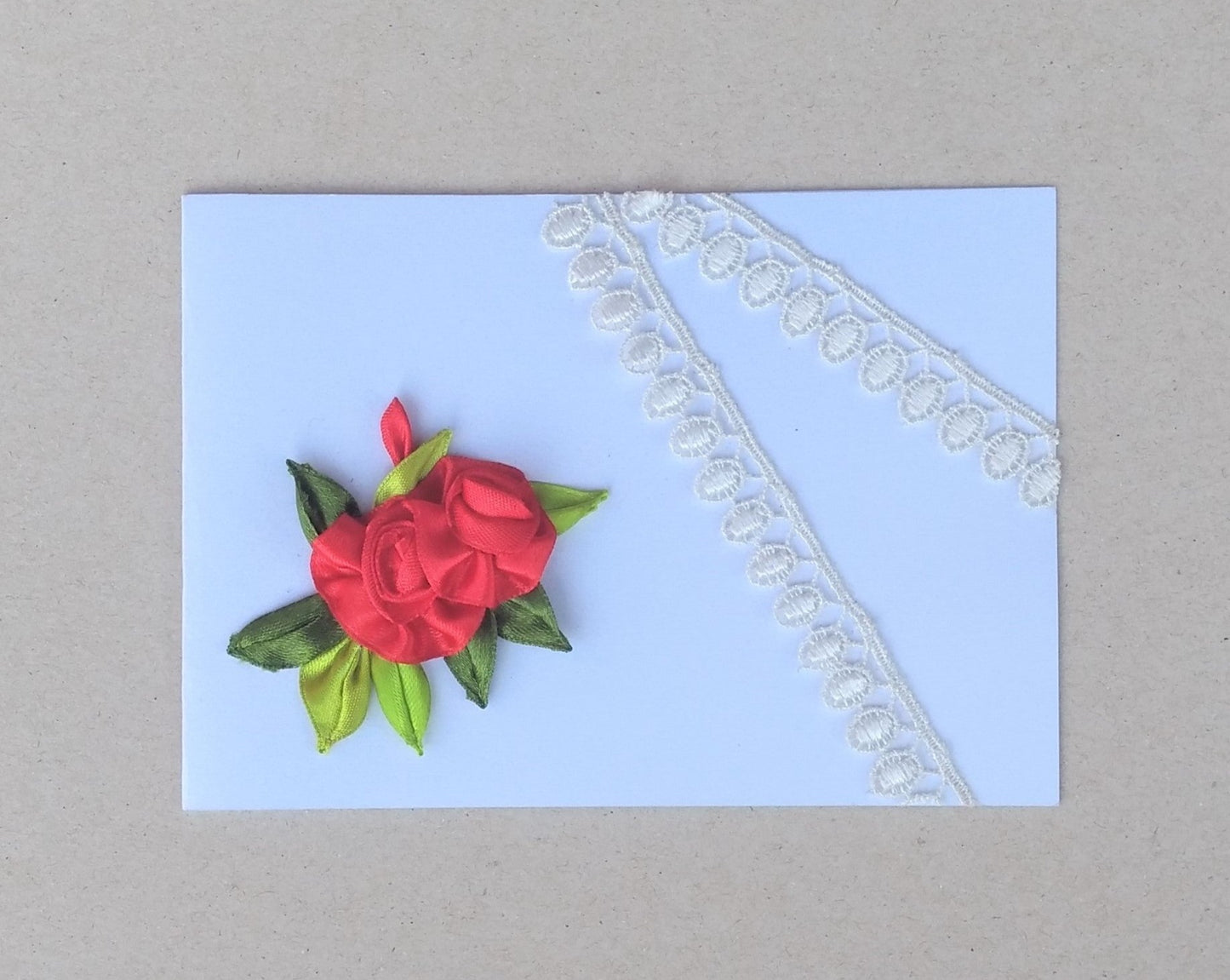 handmade red ribbon roses blank small greeting card