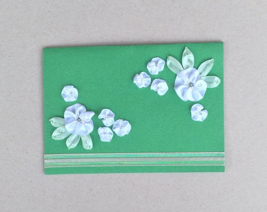 green and white ribbon flower small blank greeting card