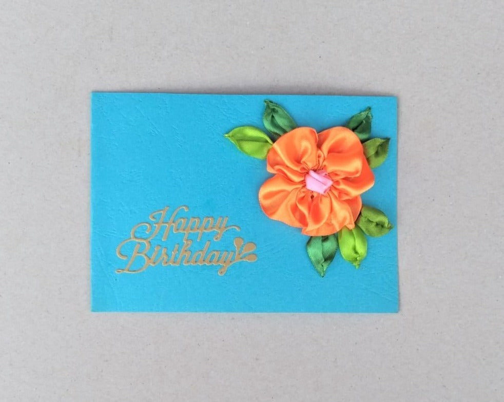 small handmade ribbon work flower birthday card