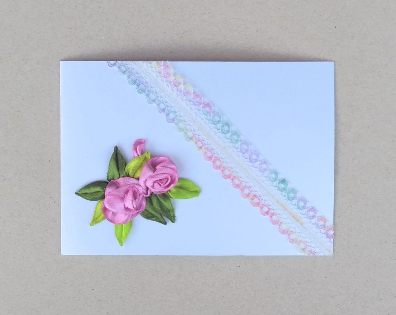 handmade pink ribbon roses blank greeting card