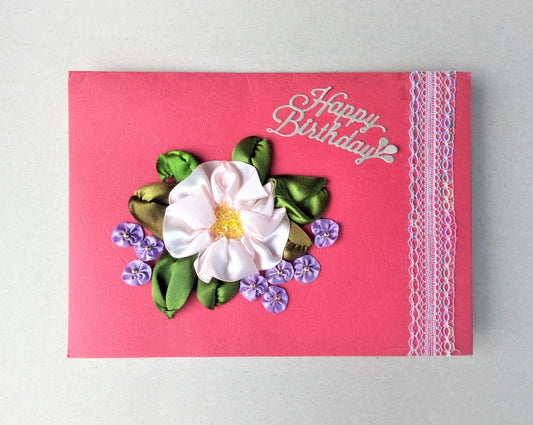 large handmade ribbon work flower birthday card