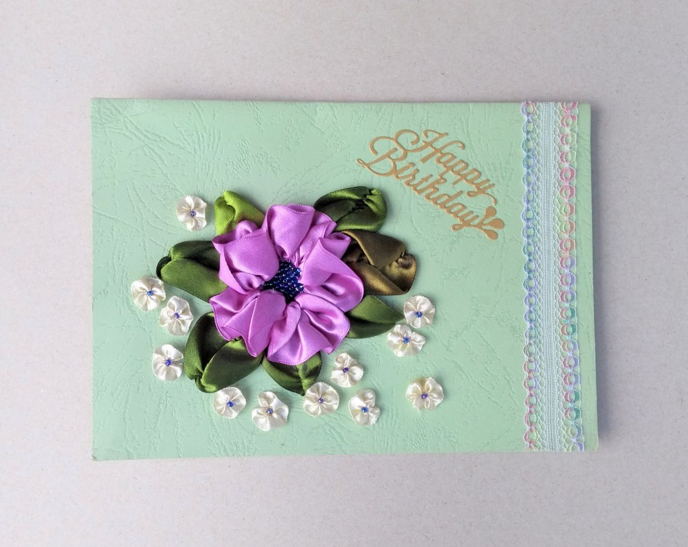 handmade ribbon work large floral birthday card