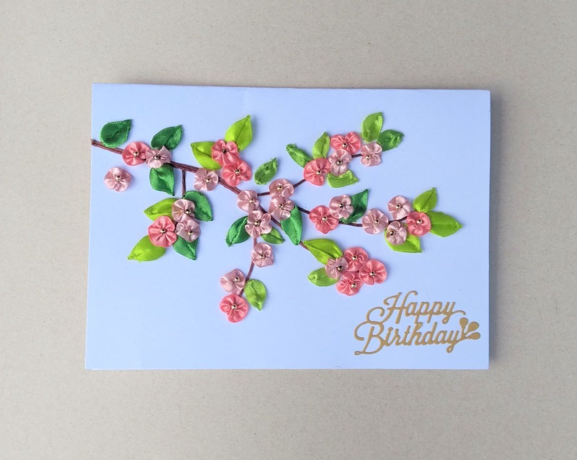 handmade ribbon work flower large birthday card