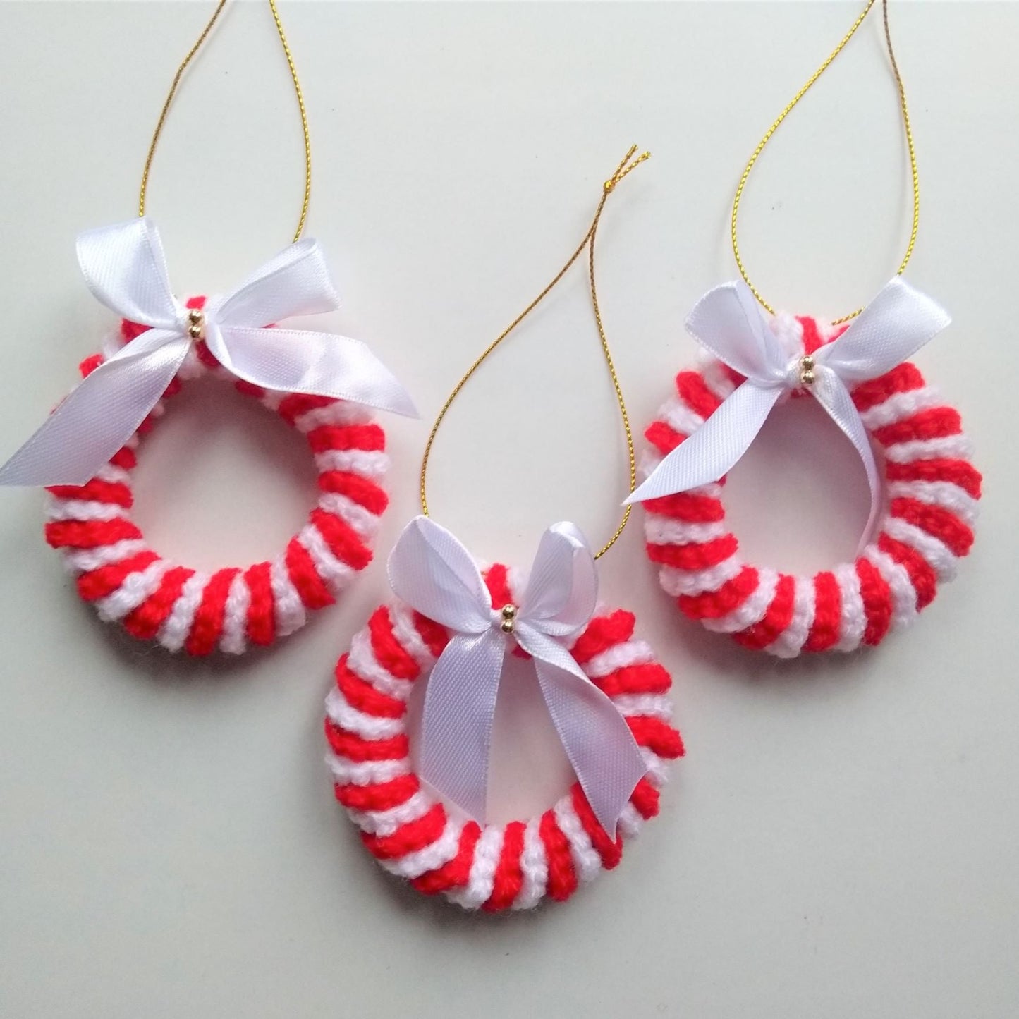 crochet candy cane wreath ornaments, set of 3 Christmas tree ornaments 