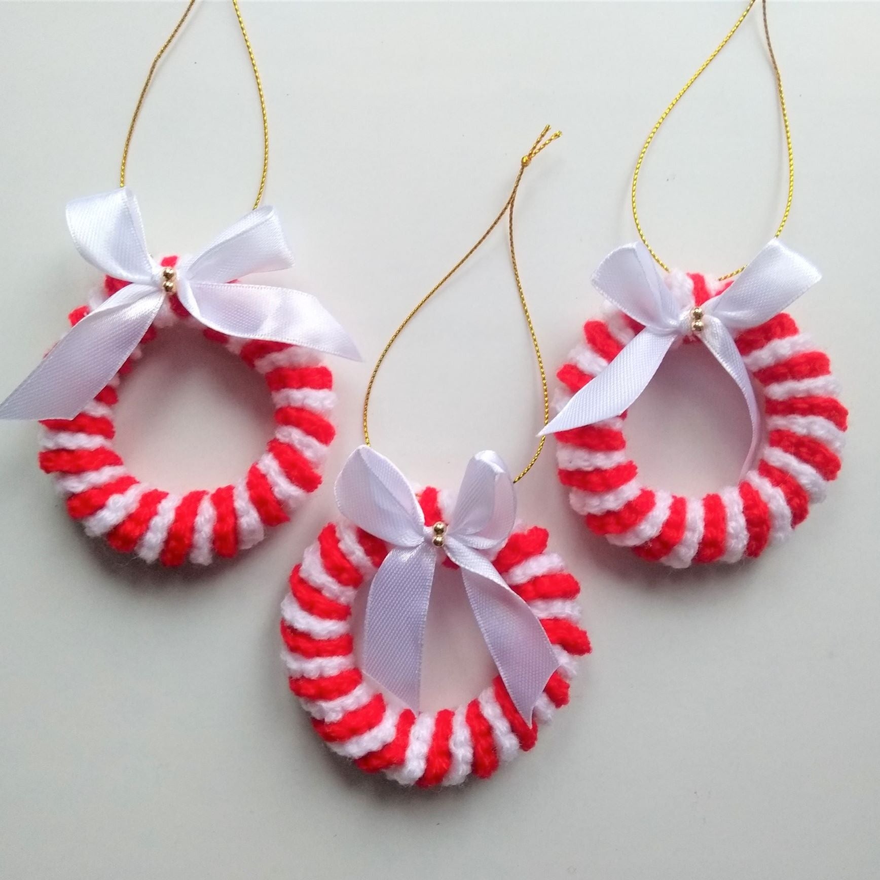 crochet candy cane wreath ornaments, set of 3 Christmas tree ornaments 