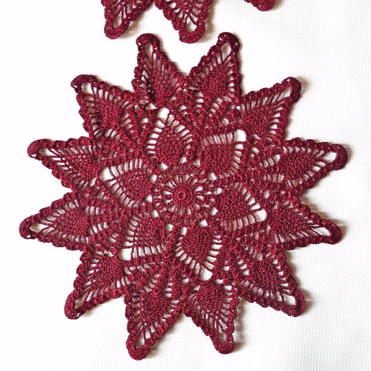 handmade dark red small round pineapple crochet lace doily