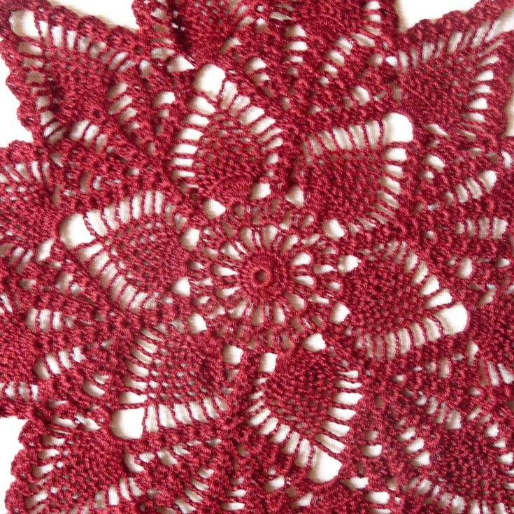 handmade dark red small round pineapple crochet lace doily