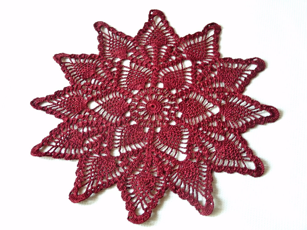 handmade dark red small round pineapple crochet lace doily