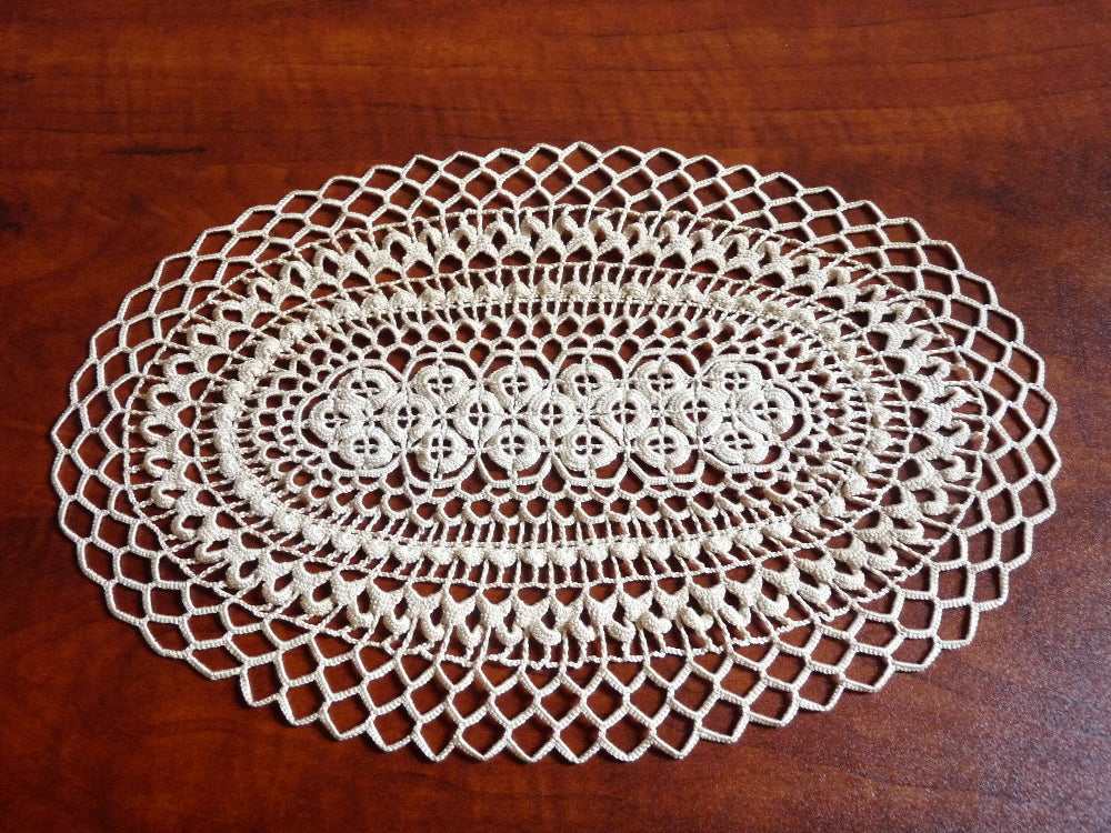 handmade beige oval small crochet lace doily