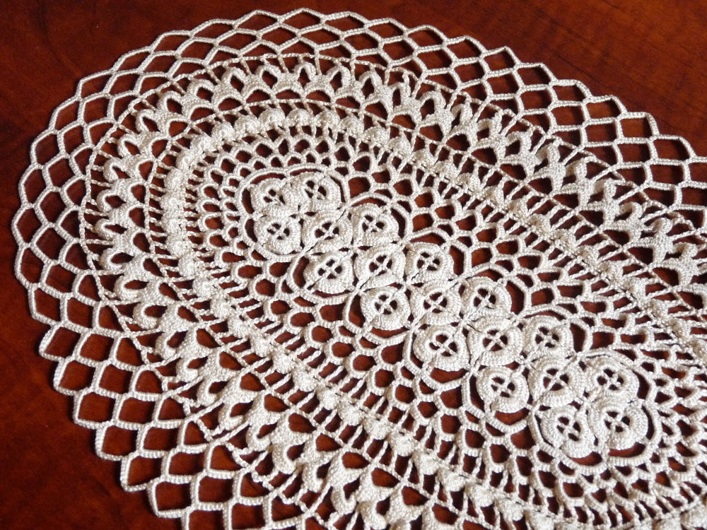 handmade beige oval small crochet lace doily, centrepiece