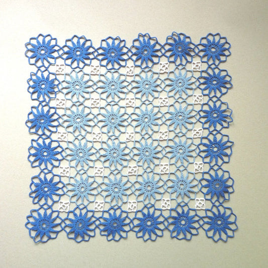 handmade large square floral motif blue and white crochet lace doily