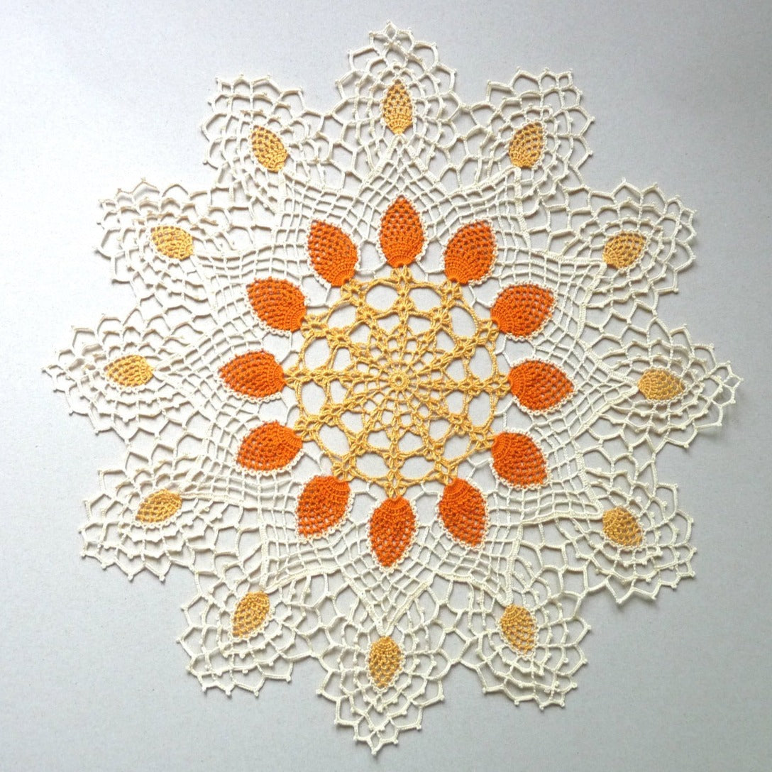 handmade orange and cream large round pineapple crochet lace doily, centrepiece