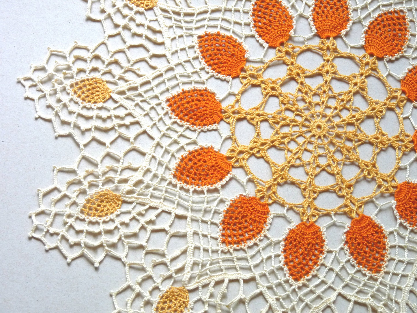 handmade orange and cream large round pineapple crochet lace doily, centrepiece