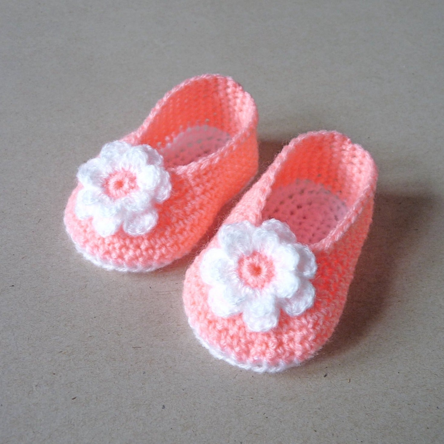 handmade peach crochet baby shoes for girls with large flower