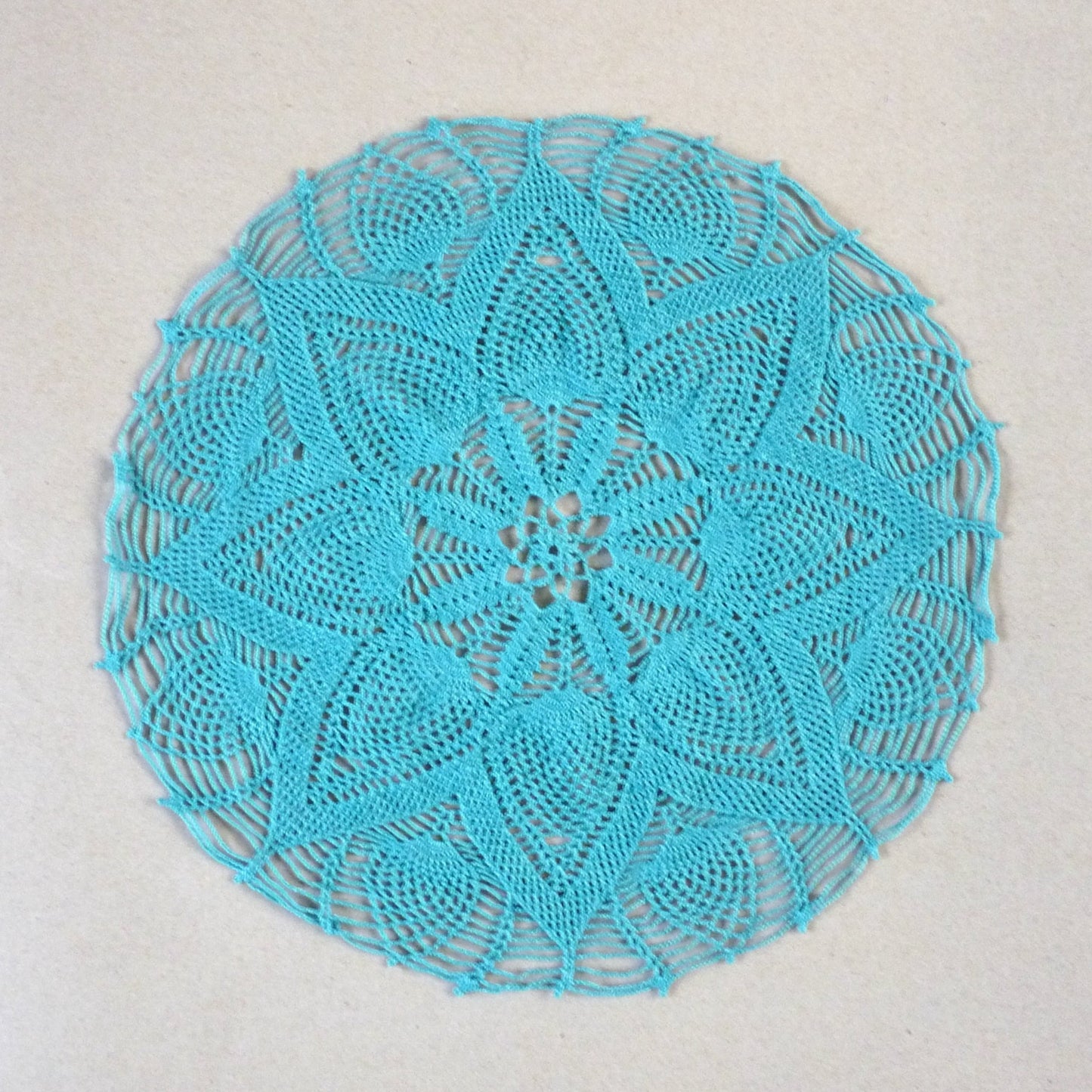 handmade teal large round pineapple crochet lace doily, centrepiece