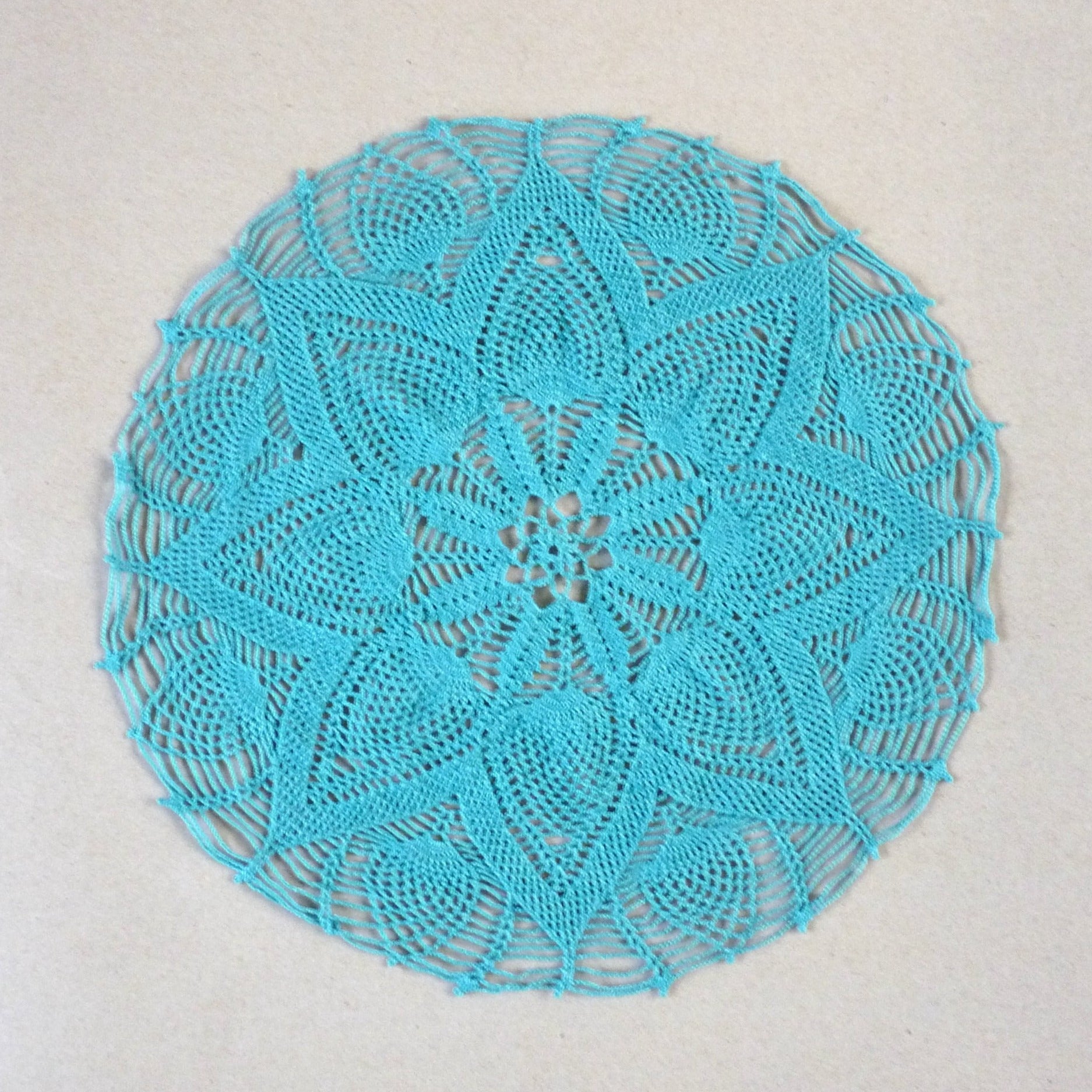 handmade teal large round pineapple crochet lace doily, centrepiece