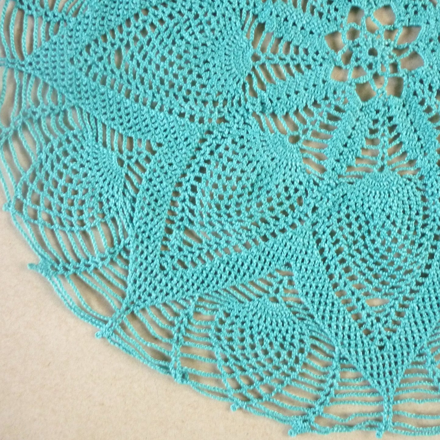 large pineapple round crochet doily, teal centrepiece, teal table topper