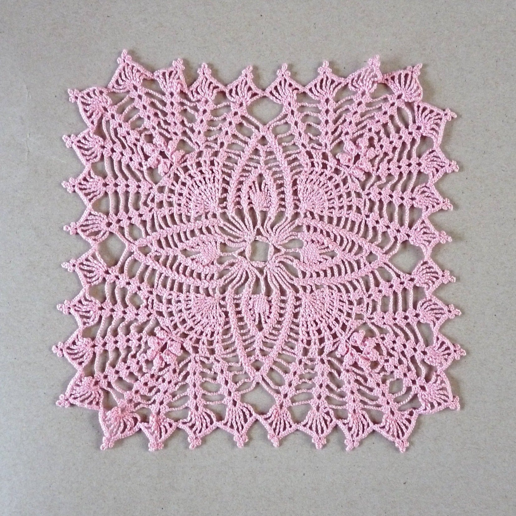 handmade light pink small square crochet lace pineapple doily