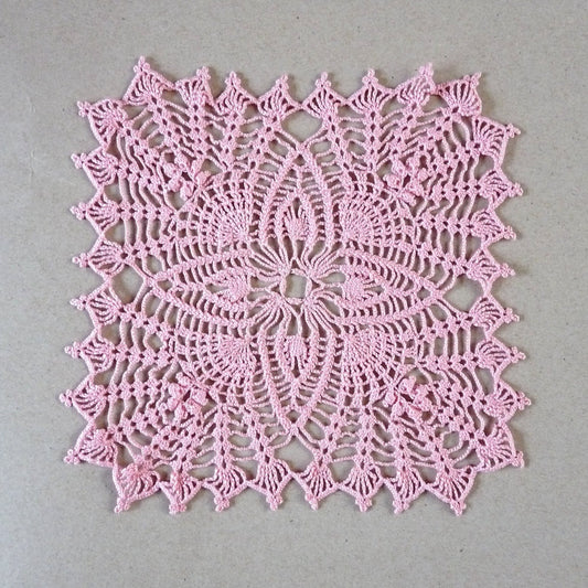 handmade light pink small square crochet lace pineapple doily