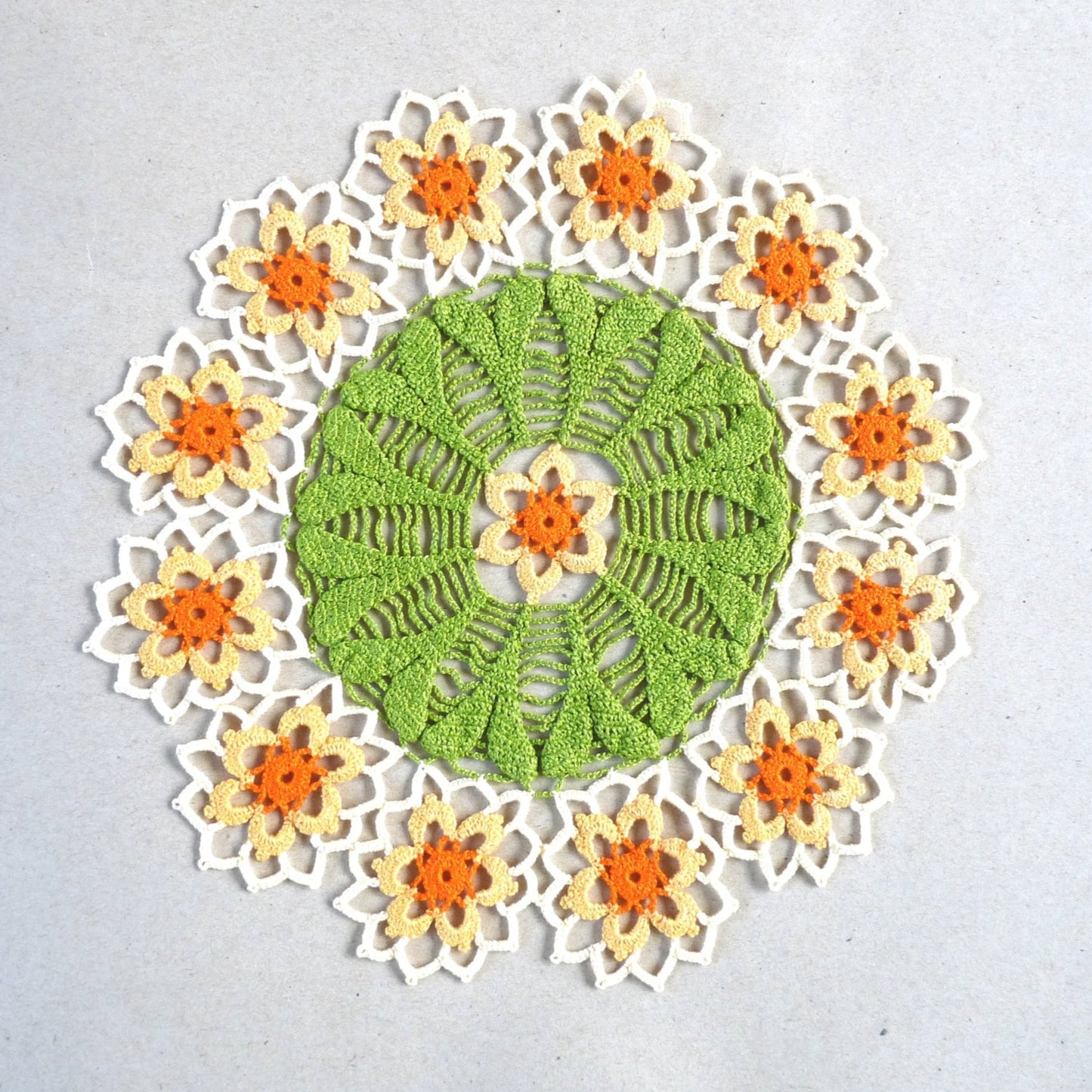 handmade orange flower small round crochet lace doily