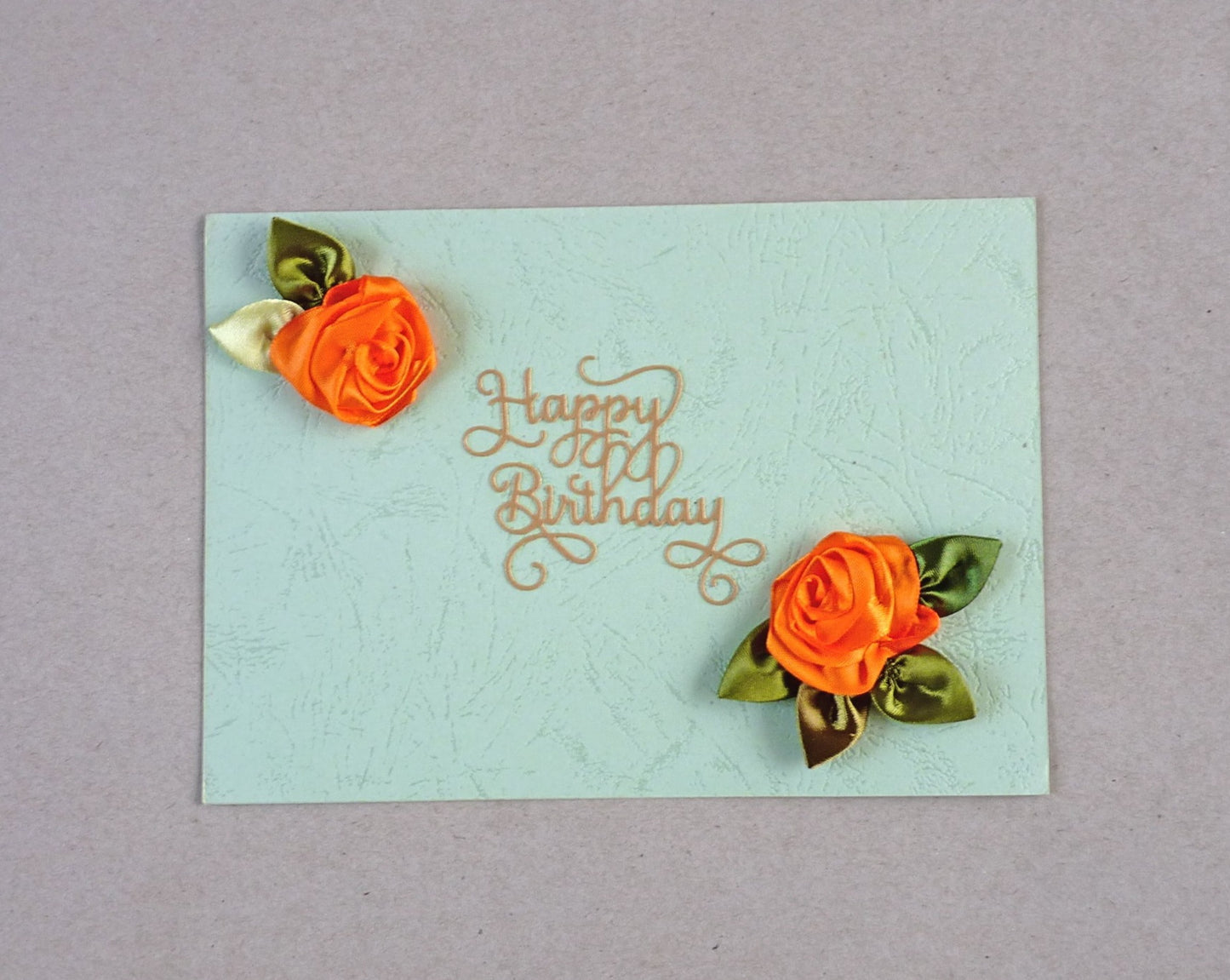 handmade ribbon roses birthday card, green and orange